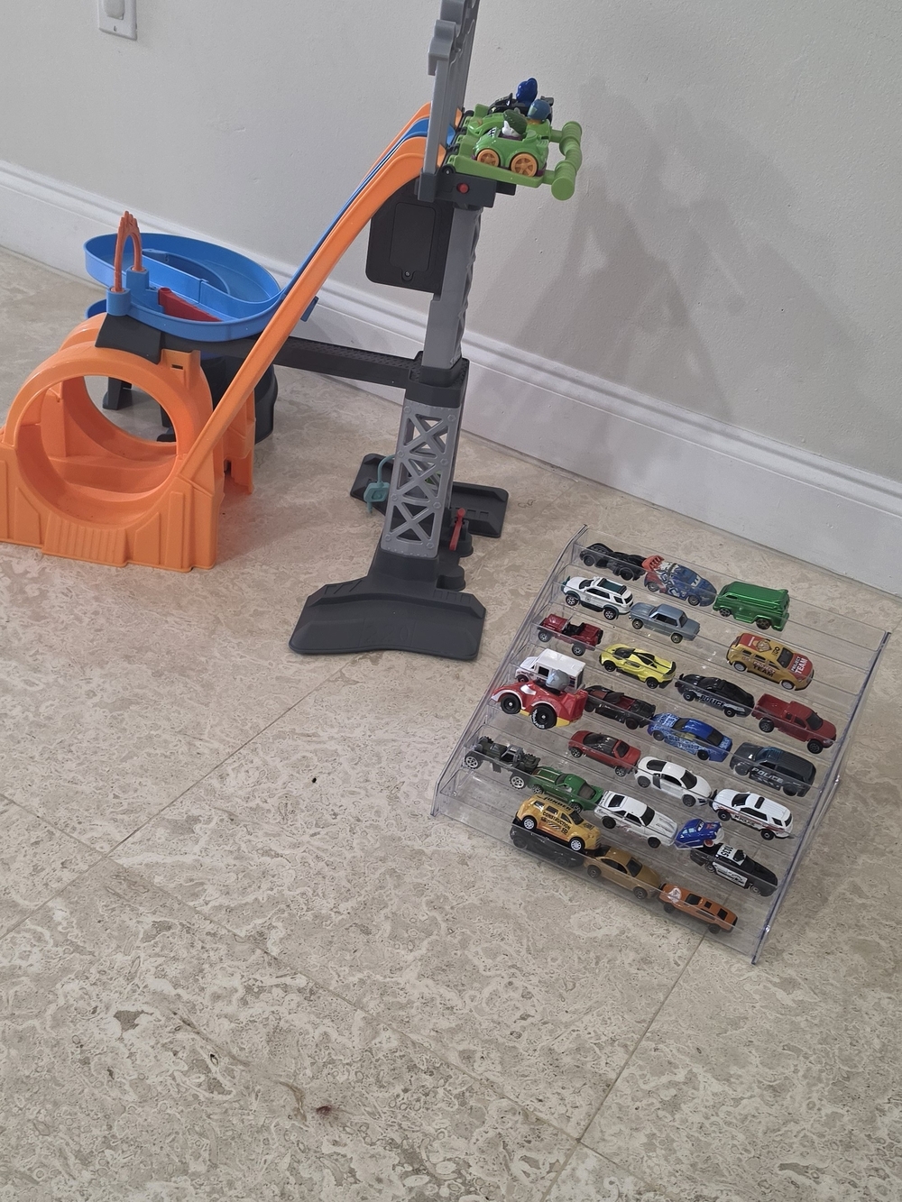 Kids Orange and Blue Car Ramp Playset with Assorted Toy Cars - & Organizer